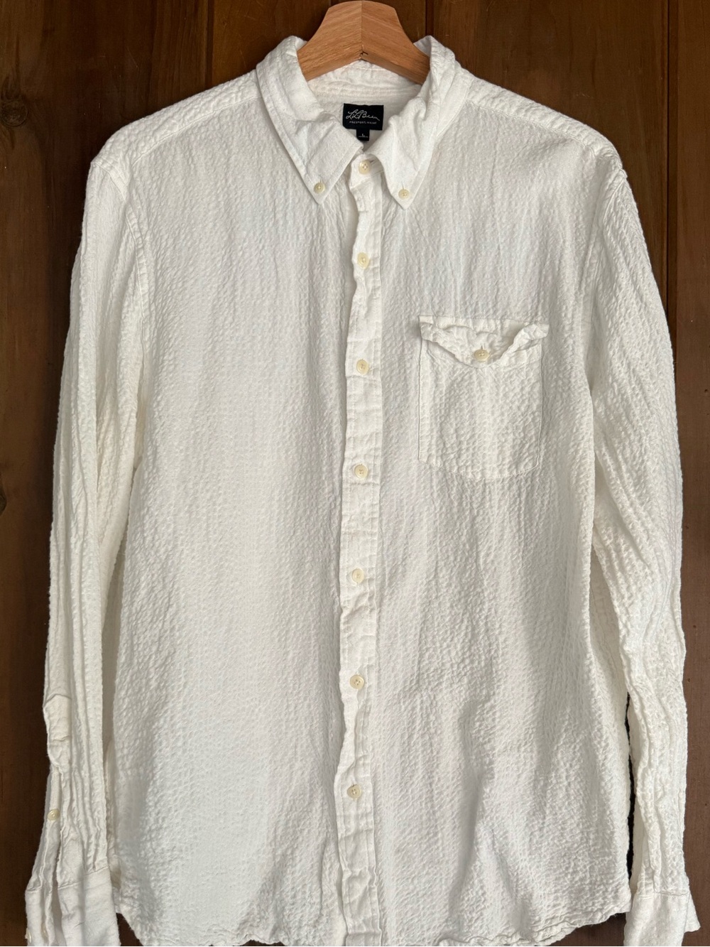 L.L. Bean Seersucker Shirt Casual Button Up Blouse White 100% Cotton Large
